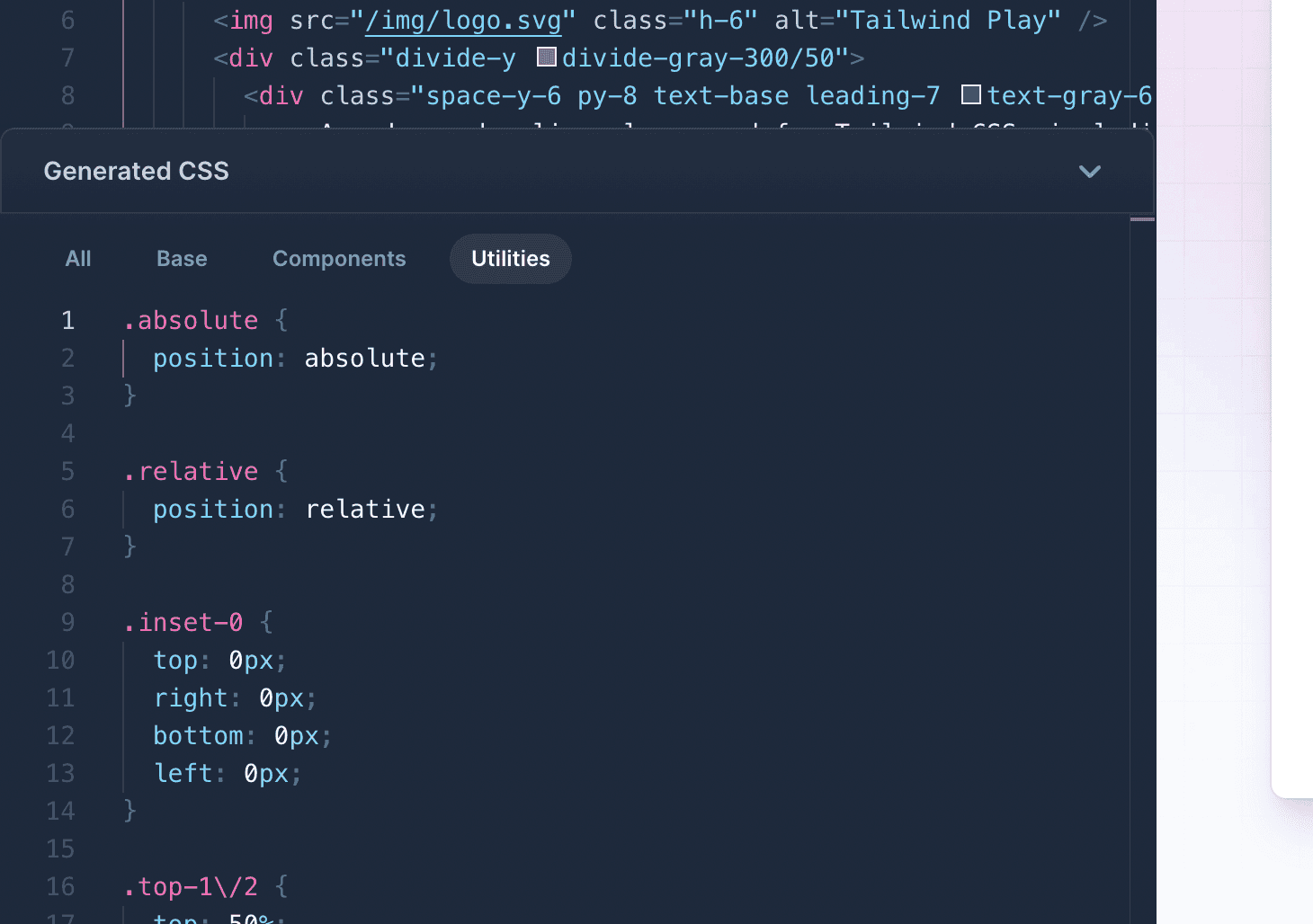 Tailwind Play 界面,显示为该 playground 生成的 CSS 的面板。